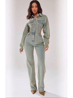 NEW PLT Vintage Wash Denim Cut Out Waist Jumpsuit sz 4 retail $120